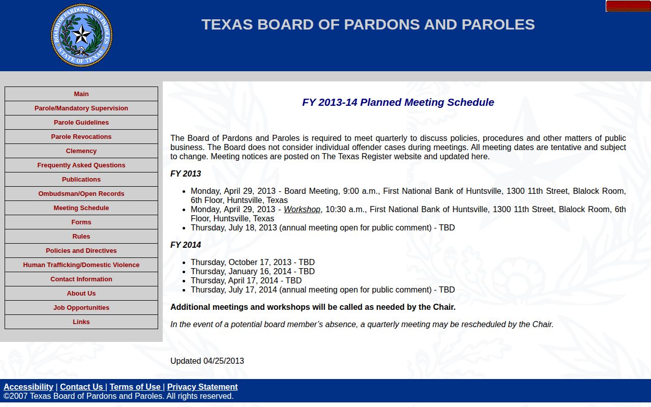 Historical Texas Board meeting schedule unrelated to individual parole release hearings