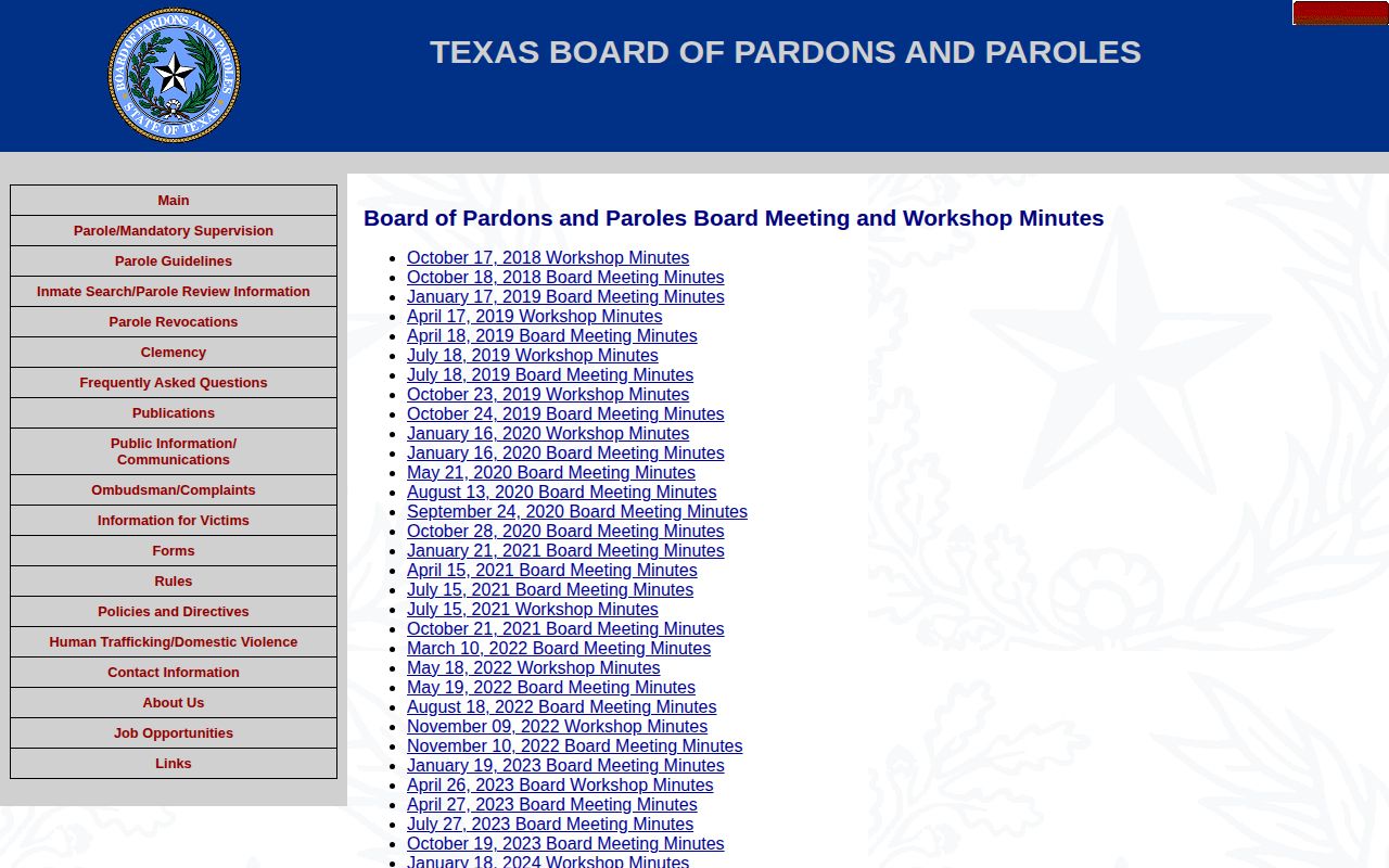 Texas parole board meeting minutes source for agency business records