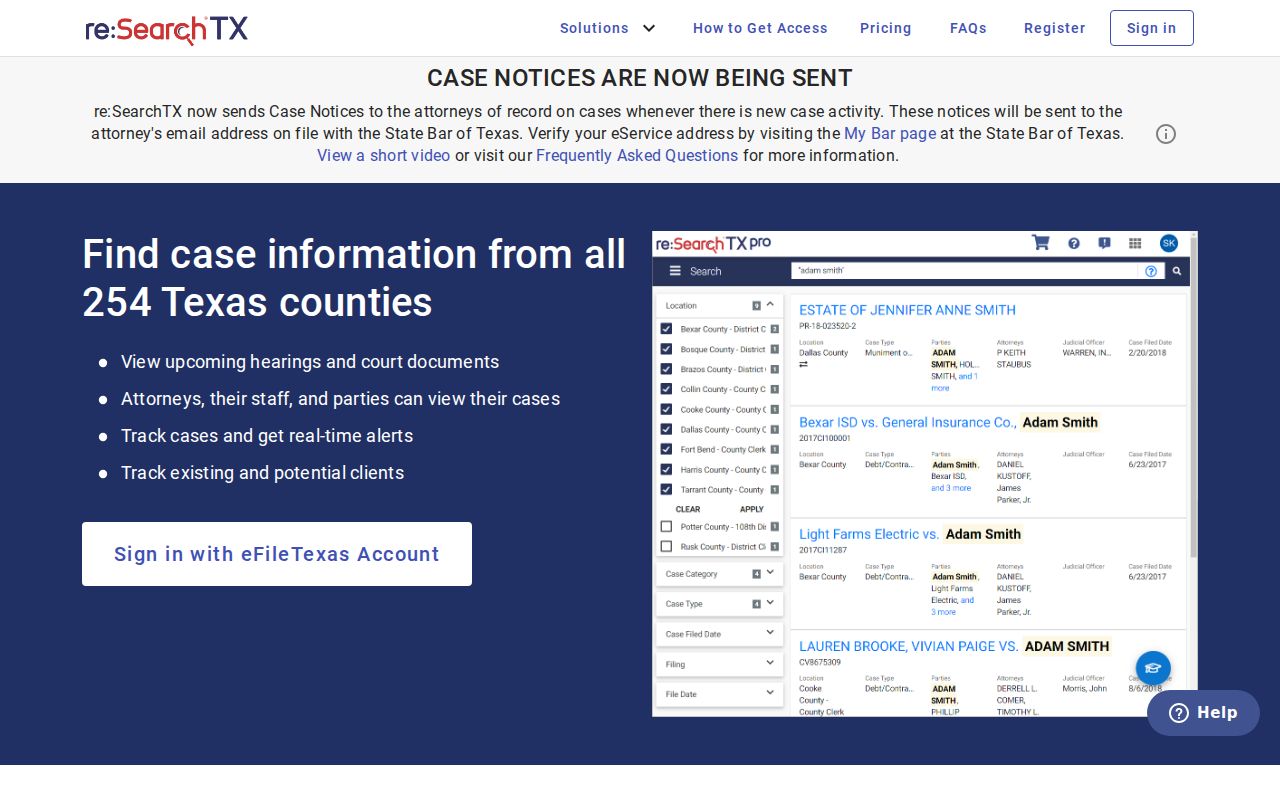 re:SearchTX portal for Texas court records related to release